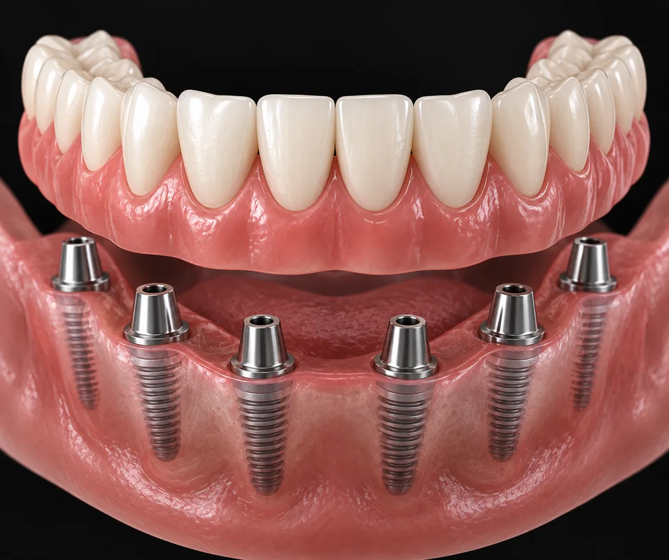 Ilustração de uma prótese fixa total sobre implantes